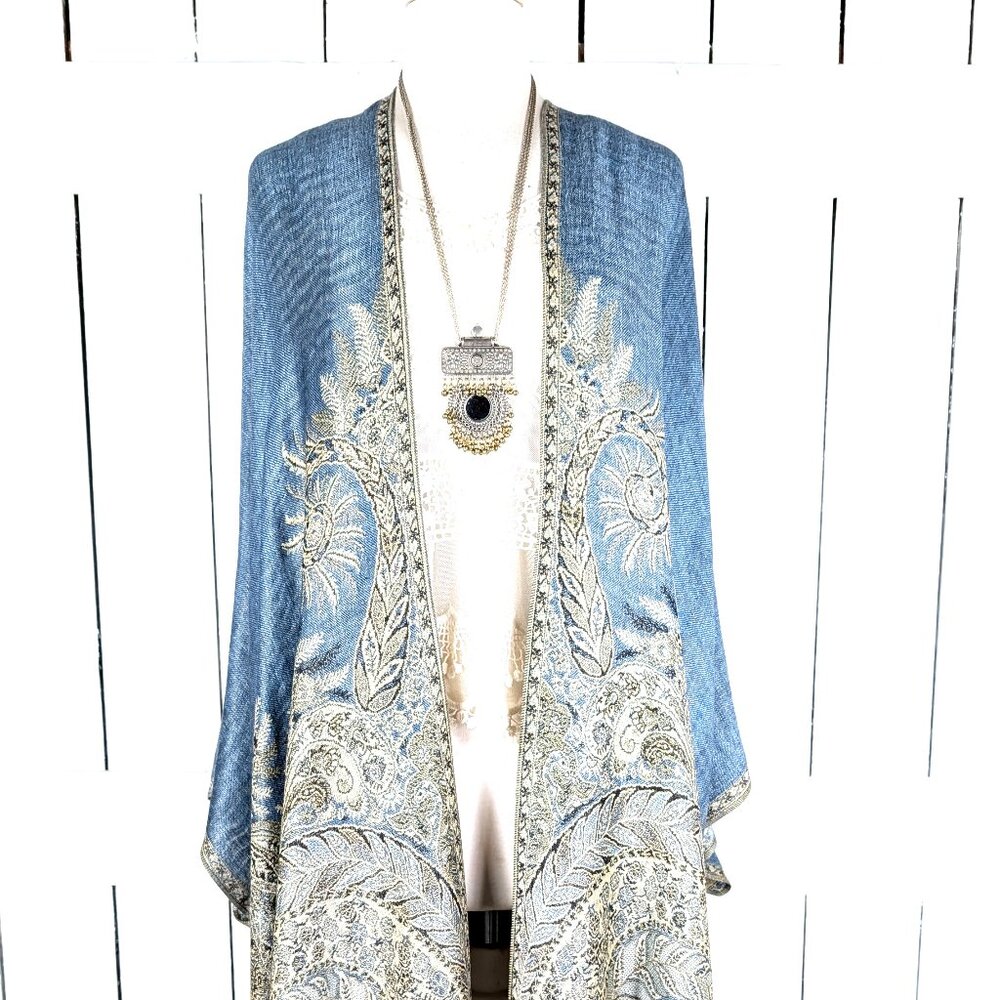 Steele blue floral reversible pashmina kimono cover up